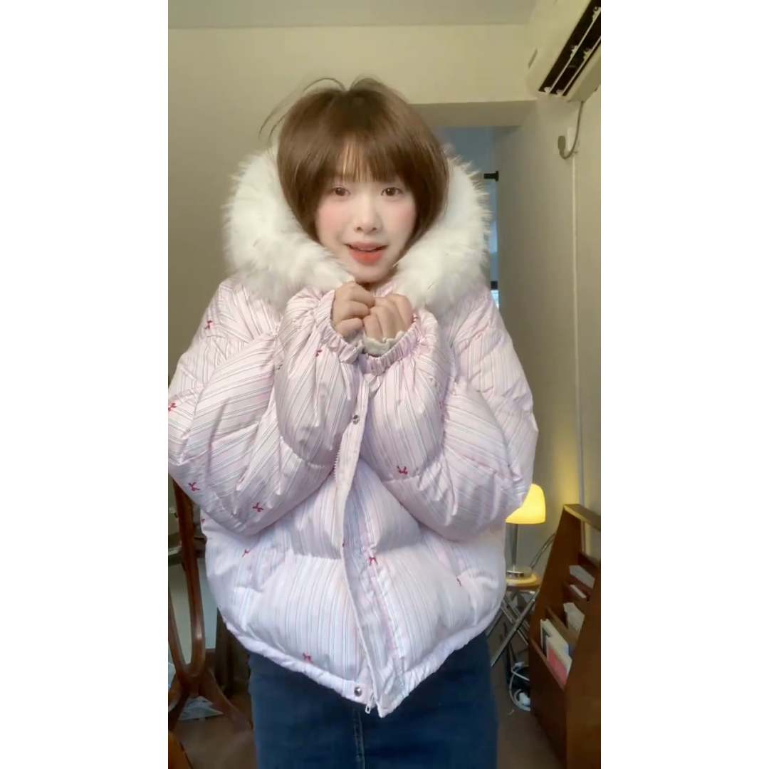 韩系甜美可爱蝴蝶结毛领连帽棉服