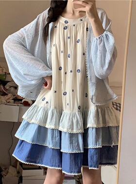 两件套装甜美设计感飞飞袖蛋糕连衣裙女小个子蓝色防晒衫夏日新款