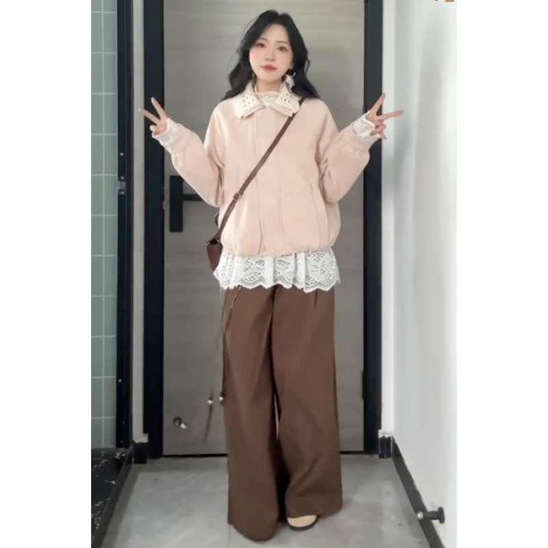 时尚高级设计花边雾霾粉花苞外套