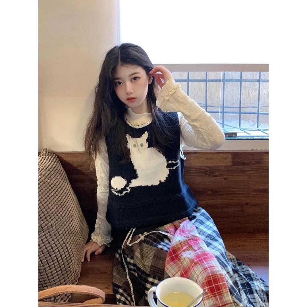 秋季日系甜美风小猫卡通针织马甲