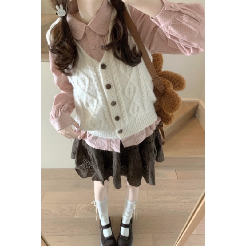 针织马甲背心百搭粉色波点衬衫