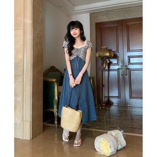 法式 A字长裙 甜美格子拼接假两件牛仔连衣裙女夏季 收腰显瘦泡泡袖