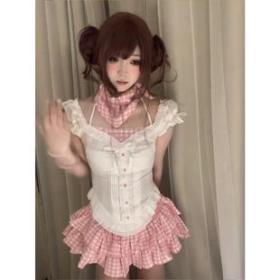 上衣格子蛋糕裙减龄显瘦两件套装 甜美学院风方领系带拼接泡泡袖 女
