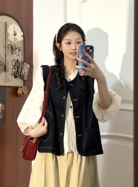 三件套装复古休闲学院风牛仔马甲开衫白色长袖镂空衬衫高腰半身裙