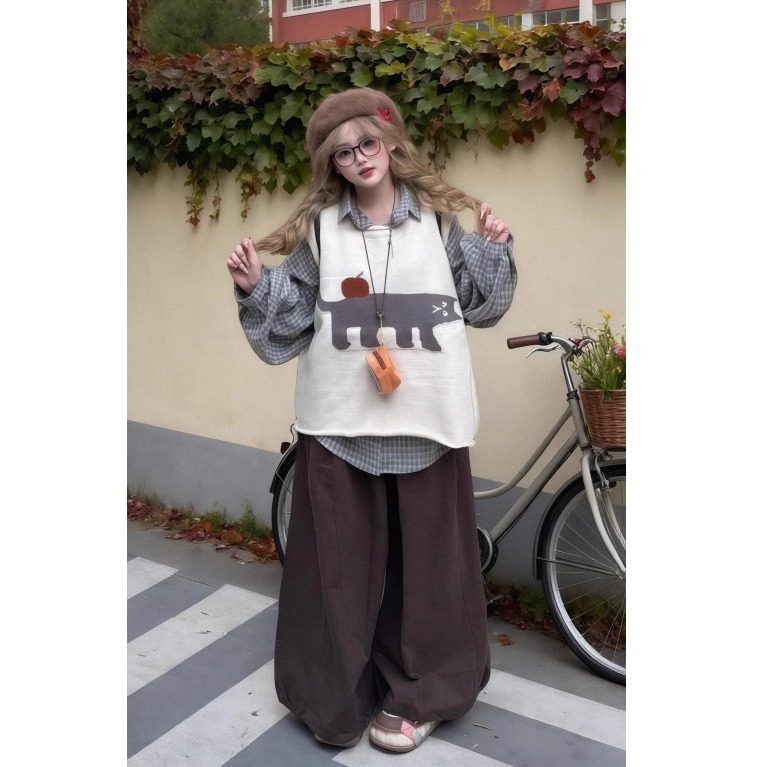 长袖衬衫叠穿卡通背心马甲套装