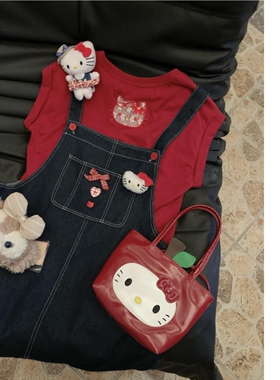 小个子俏皮活泼减龄牛仔背带裙套装女2025夏季新款红色短袖两件套