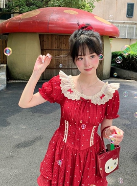 夏日新款法式甜美少女感设计小个子蕾丝拼接泡泡袖红色波点连衣裙