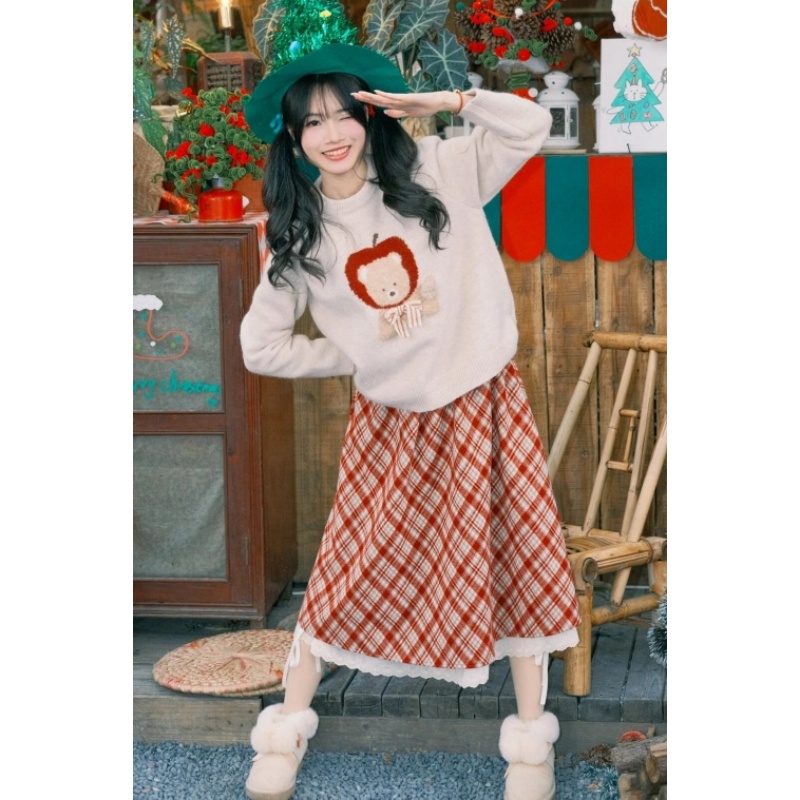 多巴胺学院风套装日系甜美可爱小熊套头毛衣撞色格纹半身裙两件套