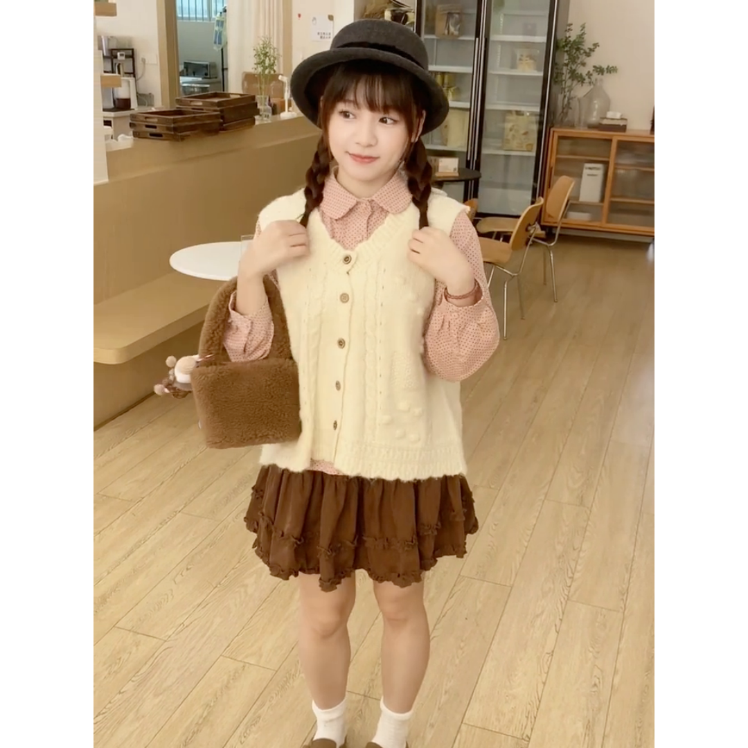 学院开衫背心马甲波点衬衫套装