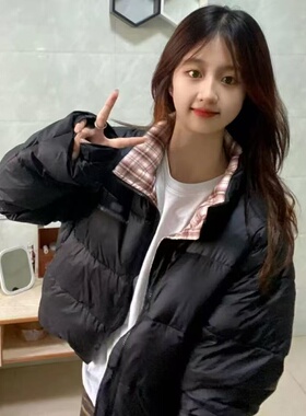 美式短款复古棉服2025冬季新款格子拼接黑色高级感宽松保暖面包服