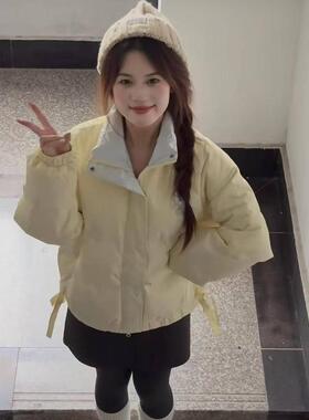 小个子冬季学院风甜美女可爱蝴蝶结翻领奶黄色棉服学生百搭面包服