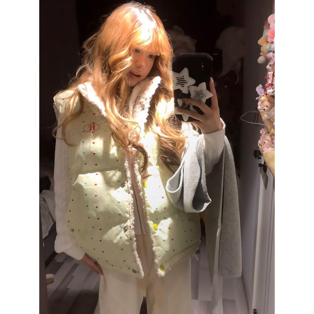 美式复古爱心满印设计羊羔绒双面穿翻领棉服马甲女冬季百搭面包服