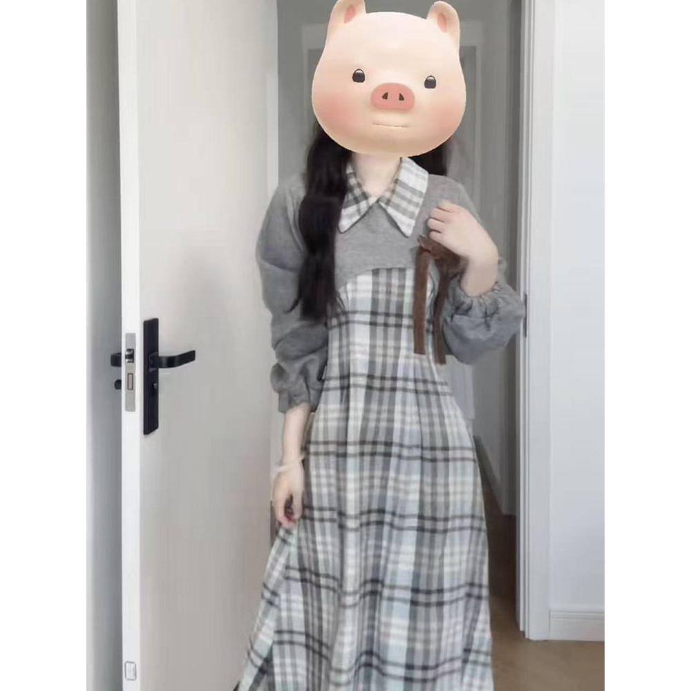 2025秋季新款法式复古收腰气质格纹背心连衣裙女+灰色上衣两件套