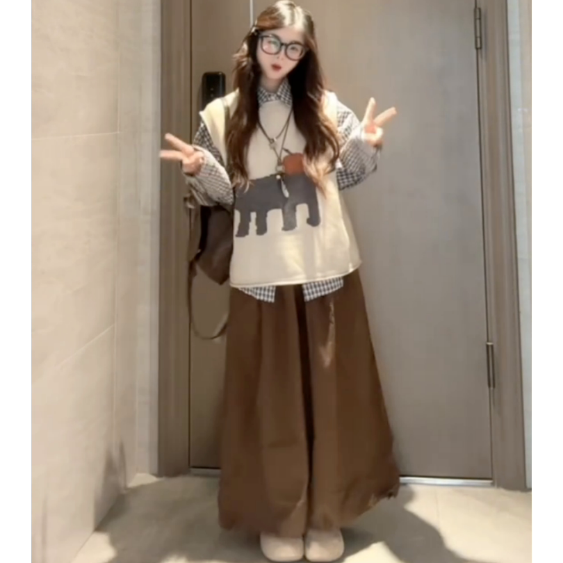 猫咪图案针织马甲格子衬衫两件套