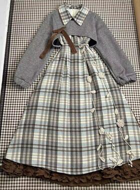 秋季新款小个子法式复古减龄气质格纹背心连衣裙女+灰色长袖上衣