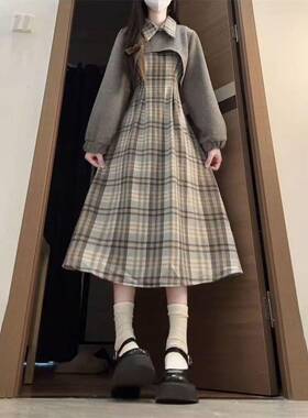 秋冬新款法式气质减龄复古收腰显瘦格纹背心连衣裙女灰色上衣套装