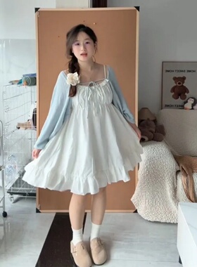 早秋新款学院风温柔甜美初恋白色吊带裙搭配女学生宽松开衫两件套
