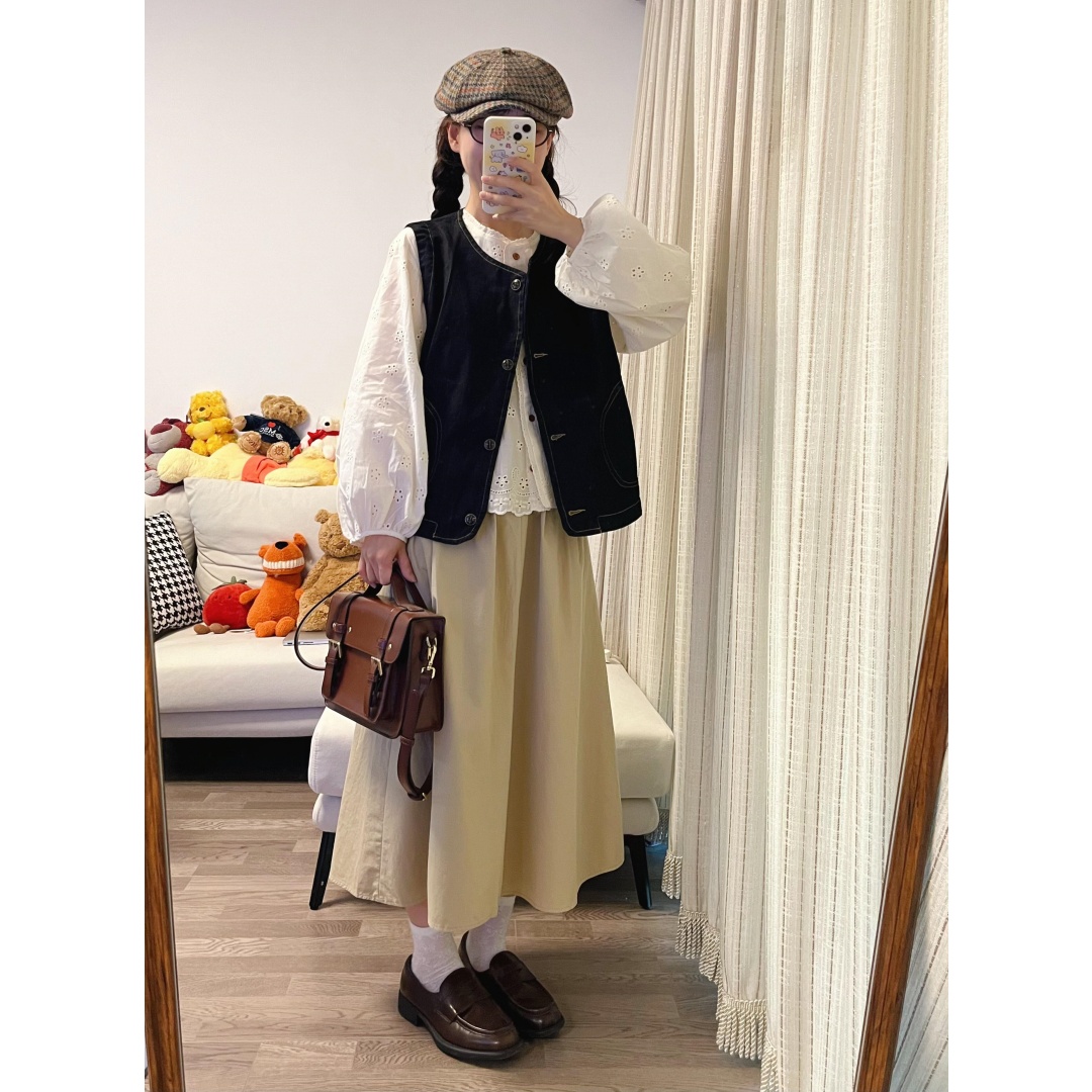 衬衫牛仔马甲显瘦半身裙三件套