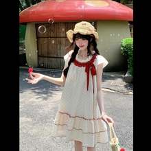 甜美可爱小个子拼接裙子蝴蝶结设计波点连衣裙女夏日新款宽松短裙