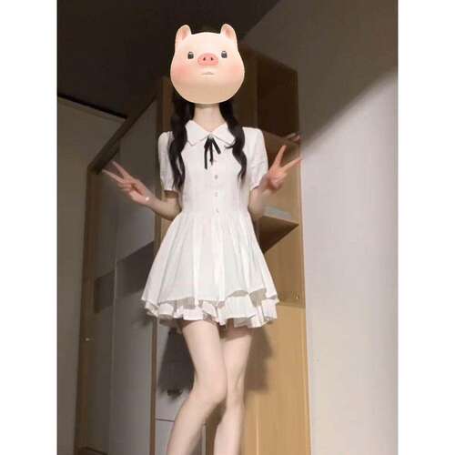 日系甜美可爱蝴蝶结拼接短袖初恋连衣裙女夏季百搭收腰显瘦a字裙