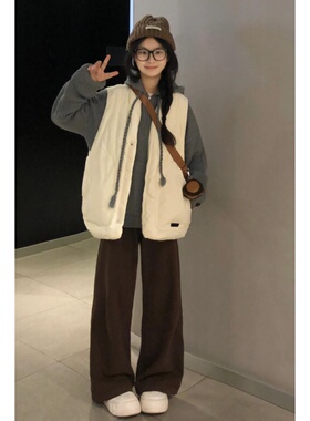 韩系复古宽松学院连帽棉服针织毛衣灰色秋冬季马甲新款小个子套装