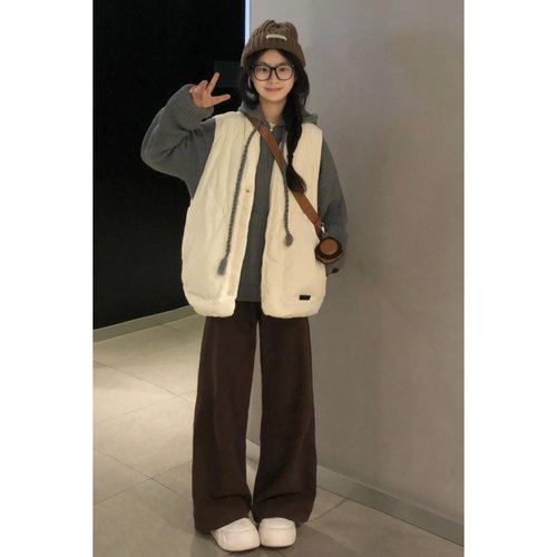 连帽棉服针织灰色毛衣马甲套装