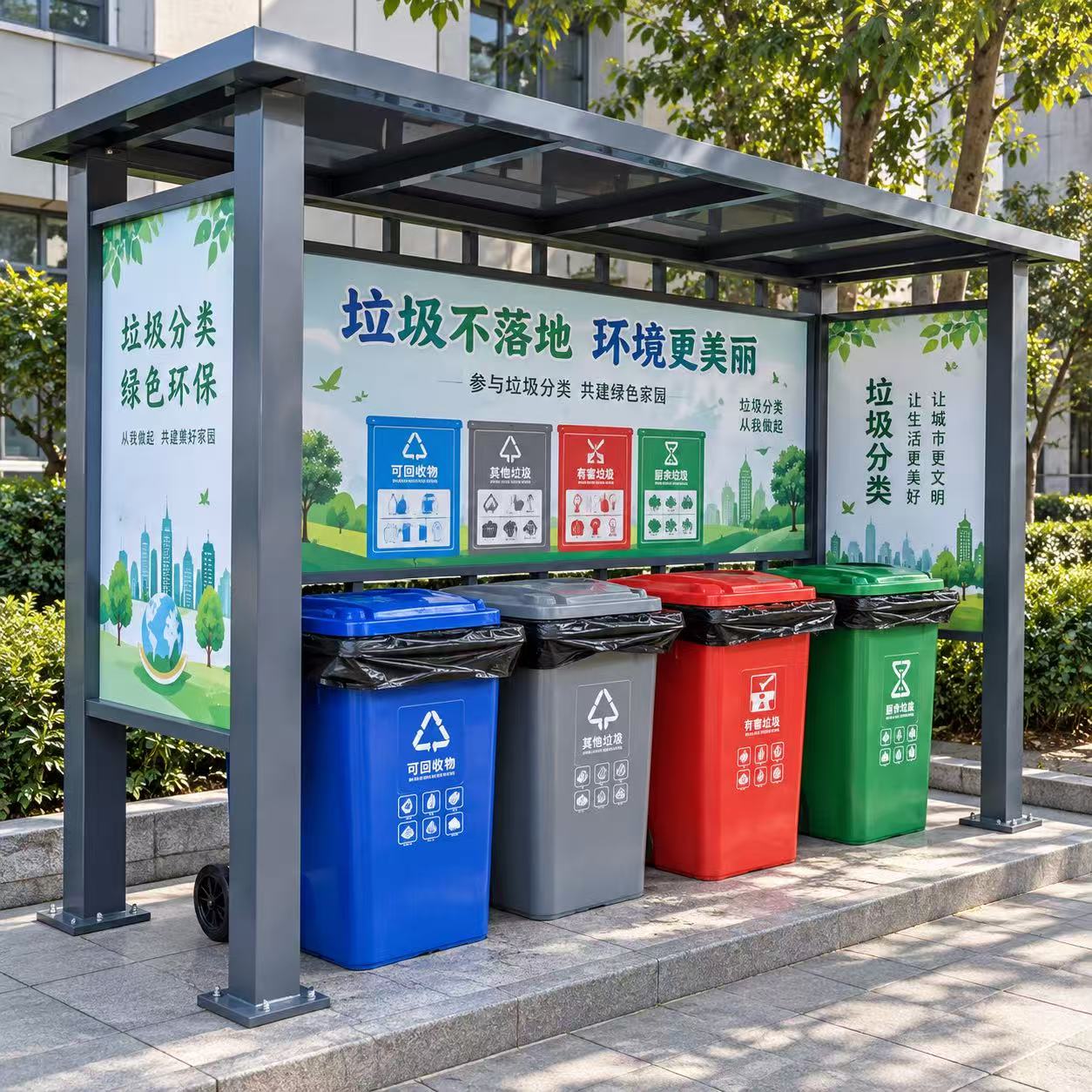 四分类垃圾分类亭户外不锈钢站收垃圾筒/烟灰皿/垃圾