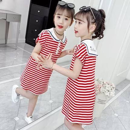 巴­拉巴­拉韩系2022新款童装夏季女童短袖连衣裙中大童海军领条纹