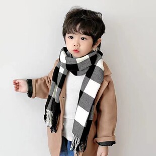 新款儿童围巾男孩冬季宝宝围脖保暖女童小孩仿羊绒黑白格子男女童