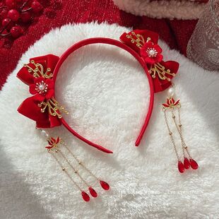 中国新年发箍红色头饰蝴蝶结发卡女儿童公主拍照古风拜年发夹头箍