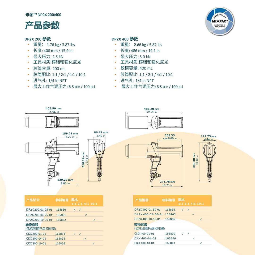 DP2X 400-01-50-01 瑞士MIXPAC气动胶枪 400mL双组份胶筒1:1/2:1