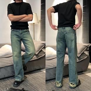 男 微喇复古显瘦牛仔休闲裤 2021m直筒牛仔裤 14盎司水洗割破牛仔裤