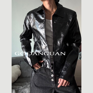正肩油皮亮面力量感短款 机车风皮衣水洗皮翻领休闲夹克男 复古美式