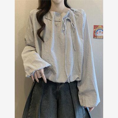 秋装2025新款爆款法式小资系带条纹衬衫女设计感灯笼长袖短款上衣