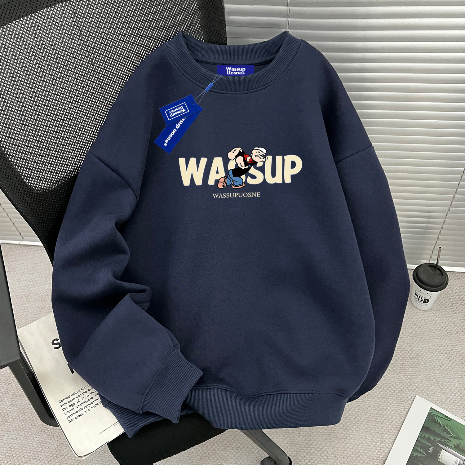 WASSUP重磅潮牌廓形圆领卫衣男生秋冬季加绒cleanfit字母印花上衣