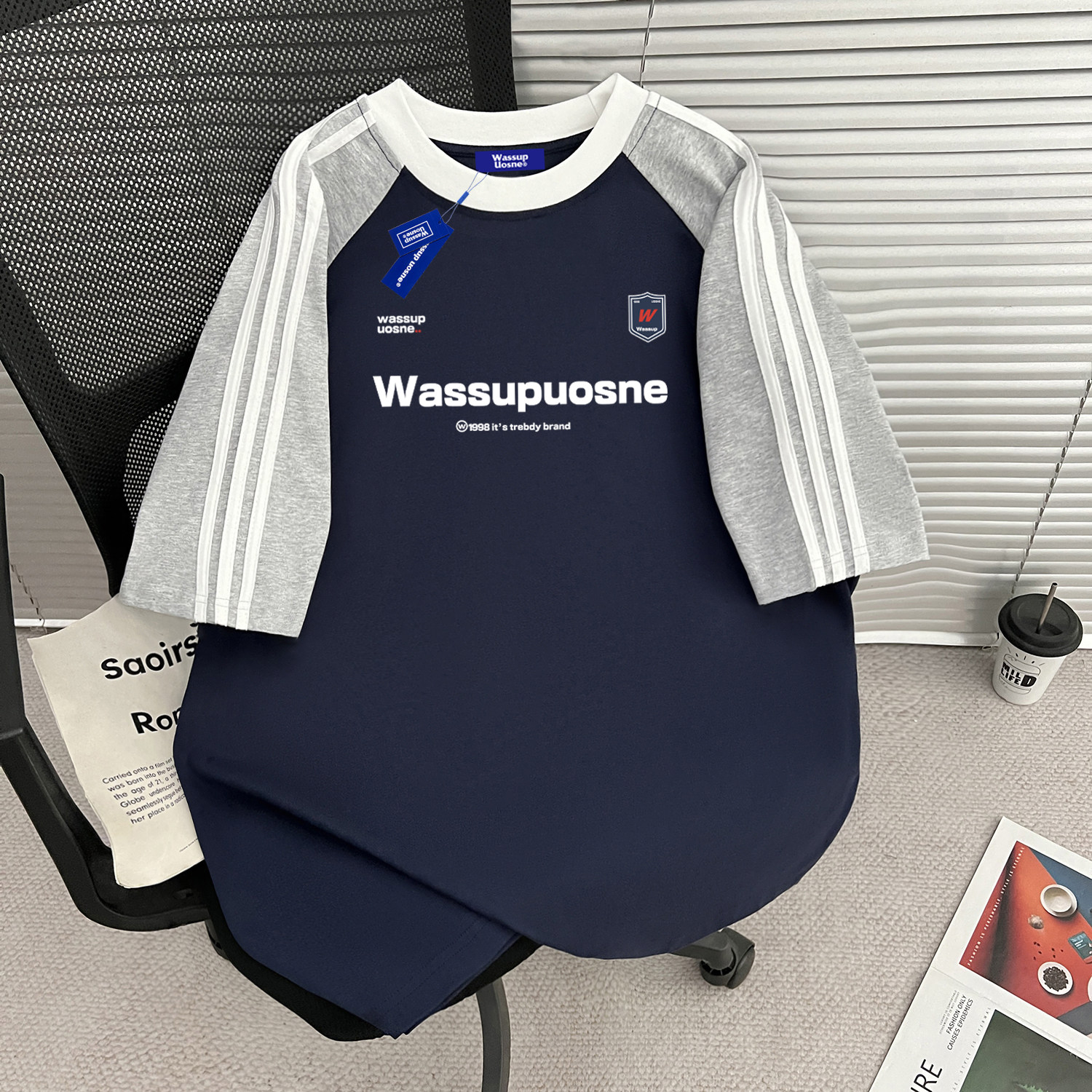 WASSUP美式街头三条杠纯棉短袖T恤男女夏季2026新款宽松运动上衣