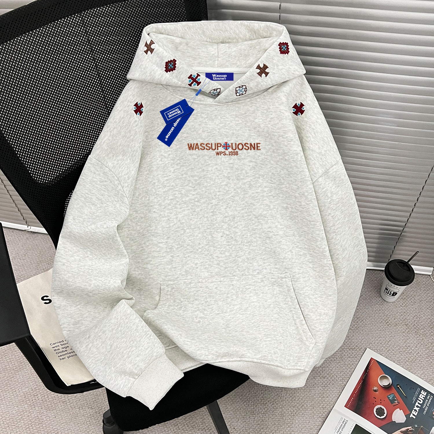 WASSUP刺绣重磅连帽卫衣男秋冬季高街百搭宽松潮牌休闲情侣装上衣