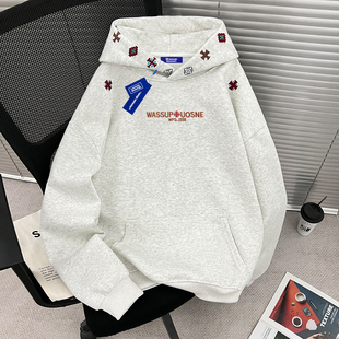 WASSUP刺绣重磅连帽卫衣男秋冬季 上衣 高街百搭宽松潮牌休闲情侣装