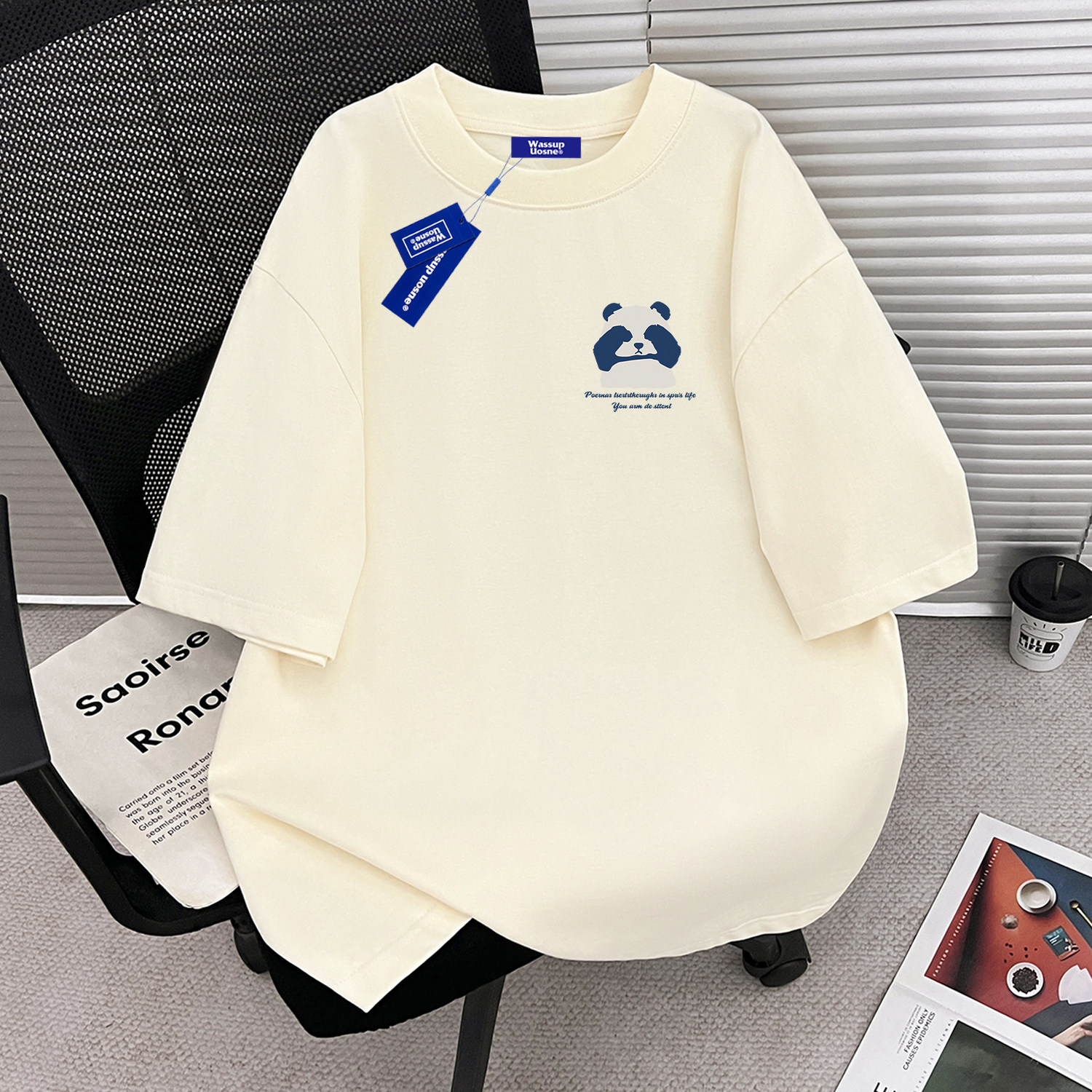 WASSUP卡通纯棉短袖T恤男女情侣夏季2026新款潮牌宽松五分袖上衣