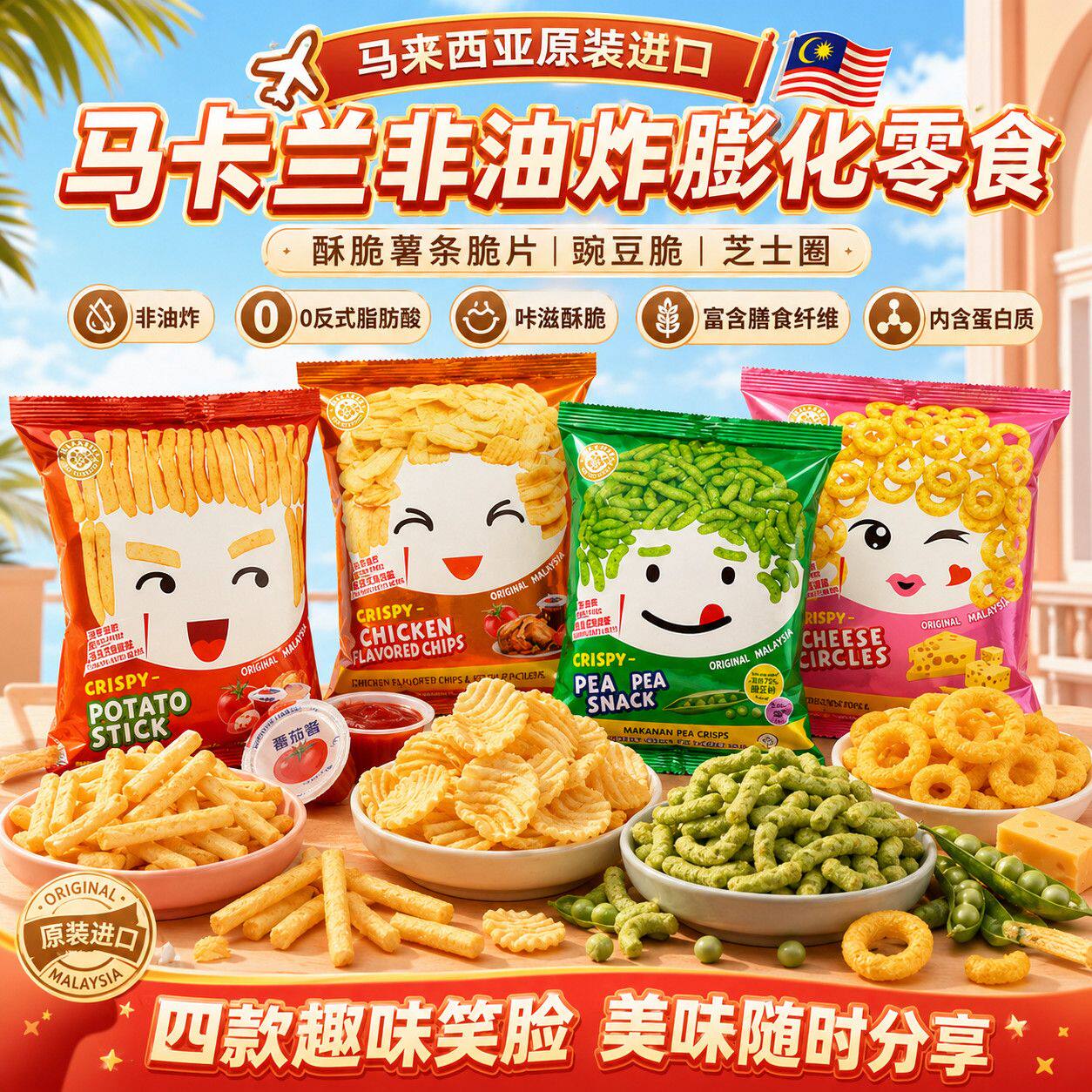 马来西亚进口马卡兰笑脸膨化薯条豌豆脆芝士圈膨化非油炸健康零食