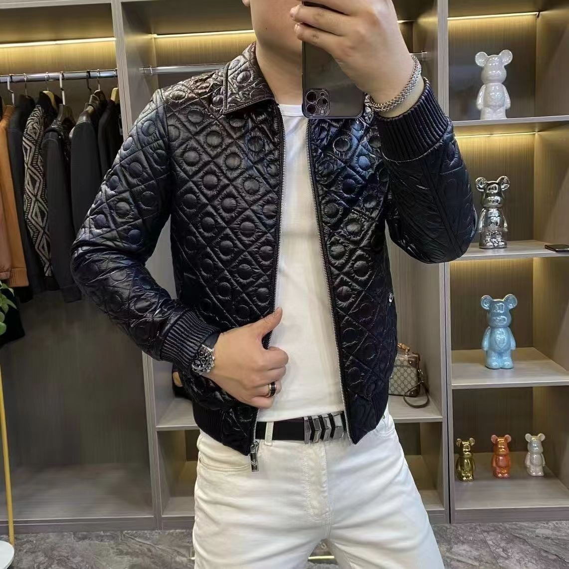 欧洲站2025秋冬新款高级感修身翻领夹克男士时尚潮流休闲棉服外套