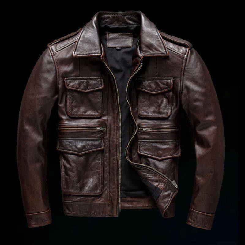 2026新款男士休闲复古皮衣猎装短款皮夹克翻领外套美式复古皮夹克