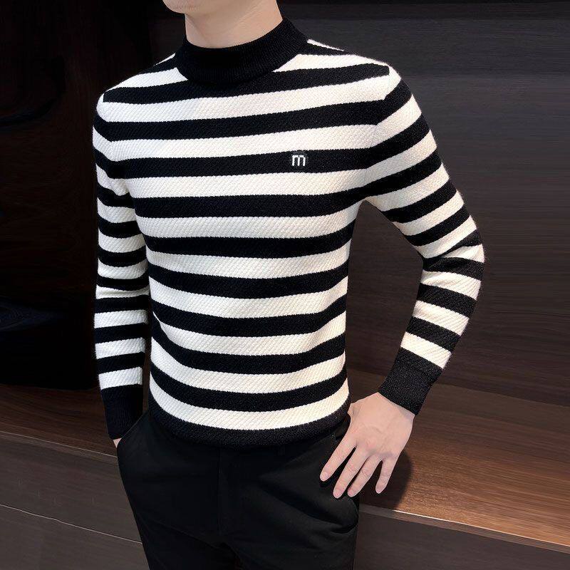 2026秋冬新款男士长袖T恤时尚百搭条纹打底衫潮流帅气修身内搭潮