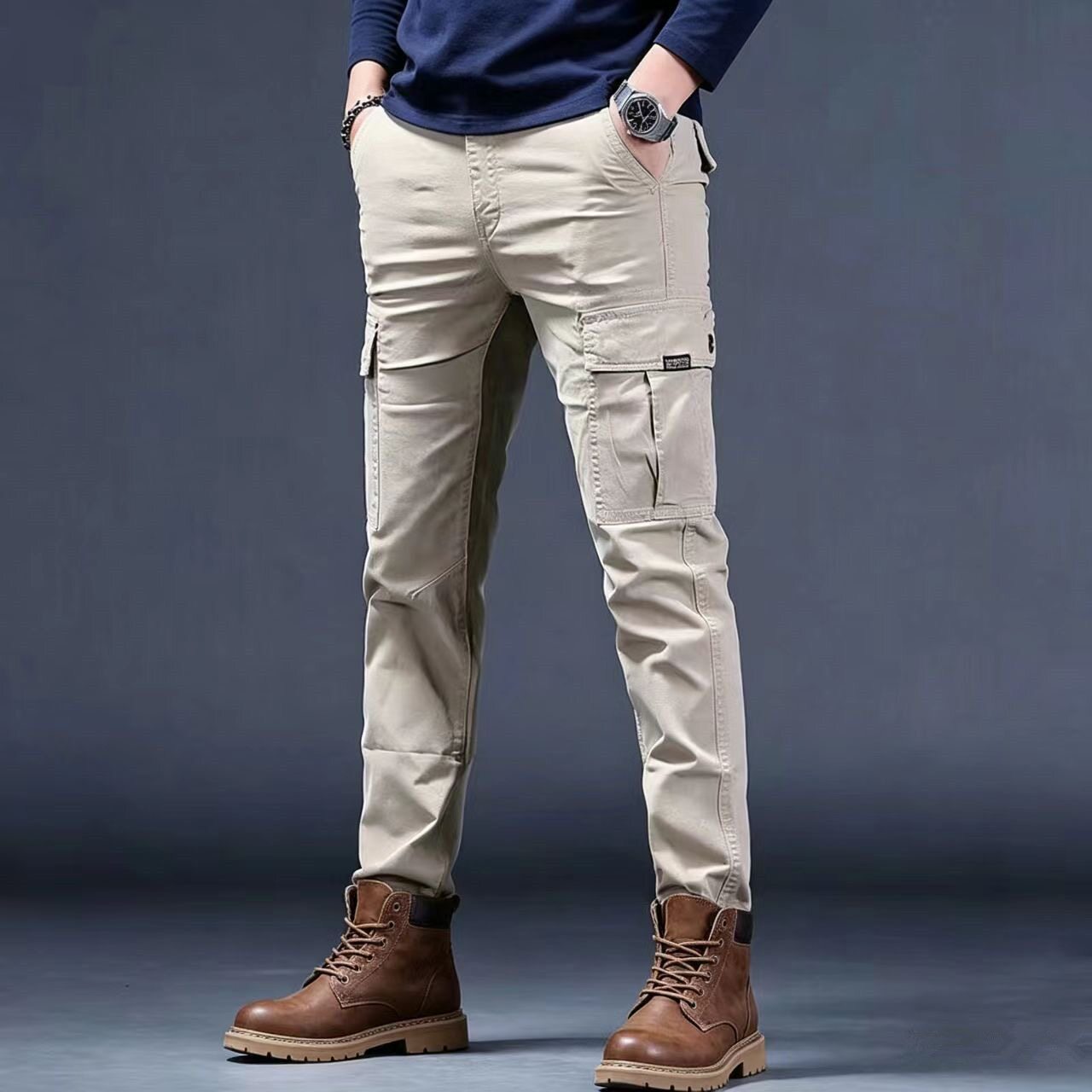 夏季薄款工装裤男士修身百搭痞帅休闲裤撞色潮流时尚高端直筒裤子