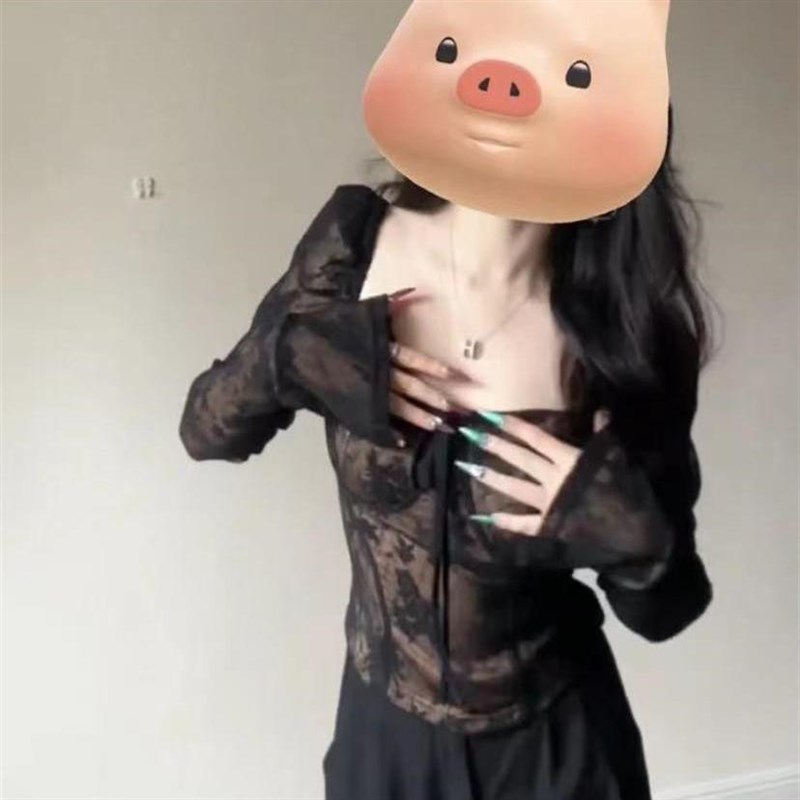 微胖妹妹性感辣妹系带长袖衬衫春季修身显瘦短款气质拼接蕾丝上衣