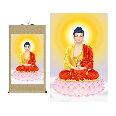 三世佛挂画三宝佛卷轴画佛像阿弥陀佛释迦牟尼佛堂供奉装饰丝绸画