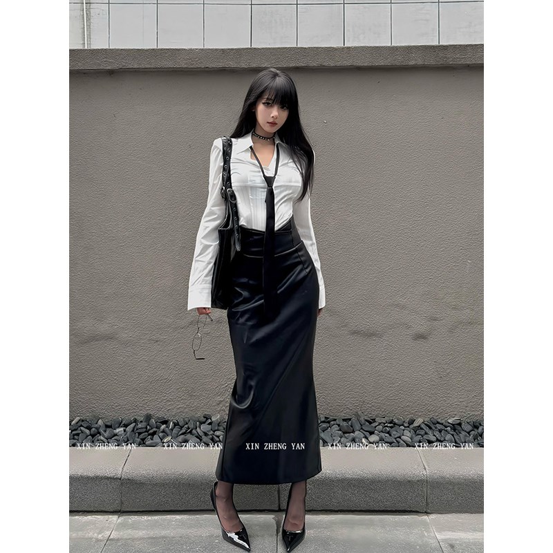 XZY/欣争艳 微胖mm酷辣海妖风修身长袖衬衫女秋御姐黑色皮裙套装