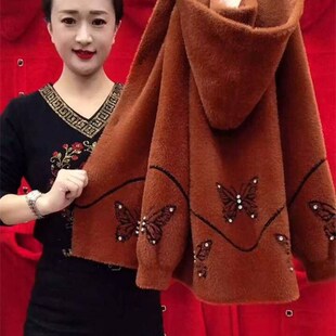 连帽宽松 鼎藏水貂绒秋冬新款 女装 妈妈简约中长款 中老年人针织开衫