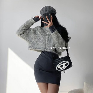 风车与矛 外套女秋冬保暖慵懒风拉链上衣 美式 复古水貂绒针织开衫