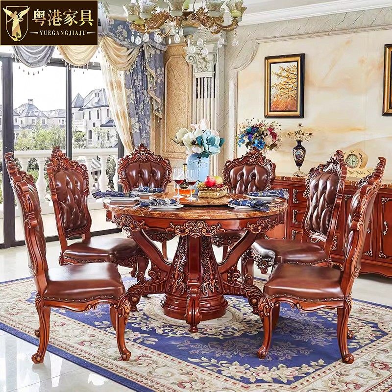 欧式实木大理石圆桌美式高端别墅餐厅复古家用酒店六位圆桌椅组合